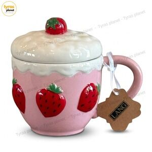 Pink Cherry Ceramic Mug Teacup & Lid New Decor Lang Hand Painted Tea Coffee